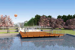 Water Features: This viewing pier near the entrance of the Great Park will connect to one of six new water features, which are<br />
part of a sophisticated water capture and re-use system.